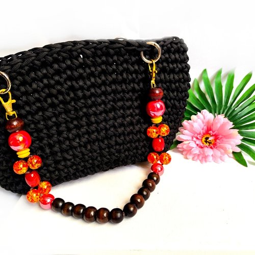 Anse de sac à main au tons chaud avec des perles rouges, oranges, et jaunes, anse poignée de sac à main en perle,