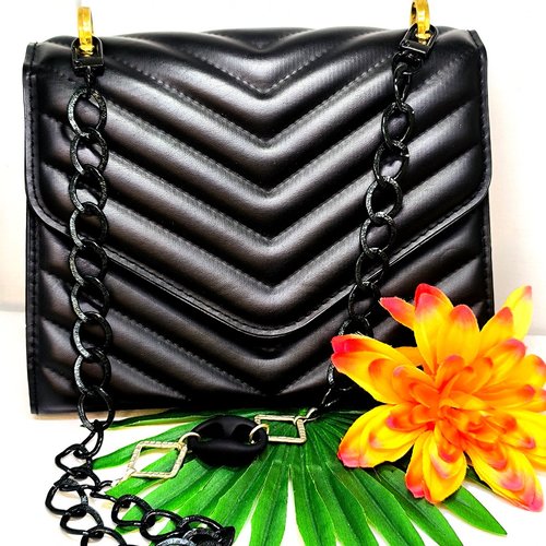 Chaîne de sac à main maille fantaisie noire 67 cm, anse chaîne de sac à main fantaisie aluminium bicolore 67 cm,