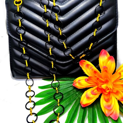 Chaîne de sac à main maille ronde noire et dorée 110cm, anse chaîne de sac à main fantaisie acier bicolore 110 cm,