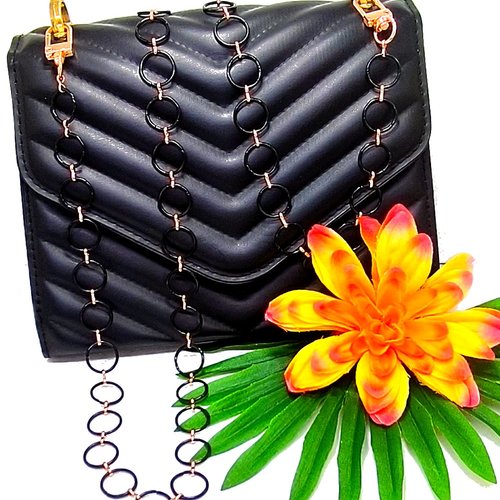 Chaîne de sac à main maille ronde noire et or rose 109cm, anse chaîne de sac à main fantaisie acier bicolore 109 cm,