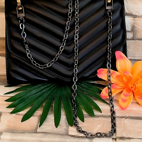 Chaîne de sac à main grosse maille jaseron noire 120cm, anse chaîne de sac à main fantaisie acier noire 120 cm,