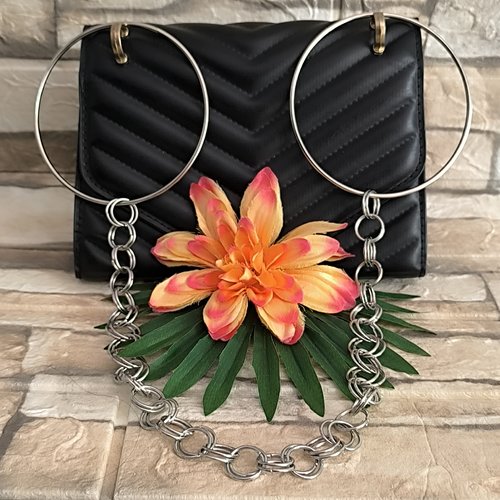 Chaîne de sac à originale main maille ronde argentée 61cm, anse chaîne de sac à main fantaisie argentée brillante 61 cm,