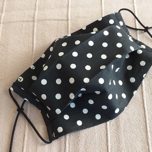 Masque de protection adulte tissus coton  "noir/blanc a pois" façons afnor
