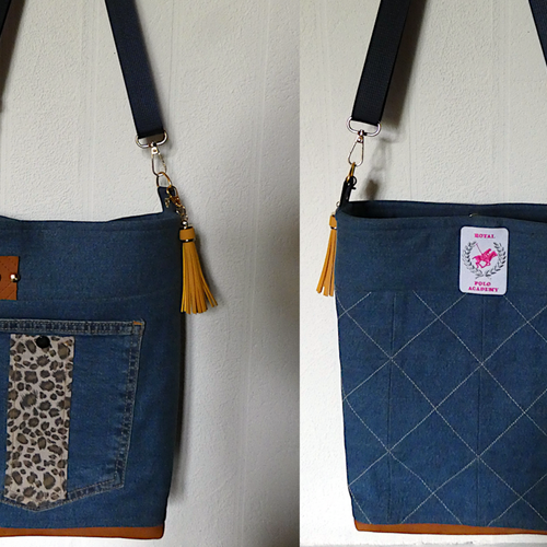 Sac original en jeans denim bleu fond en cuir