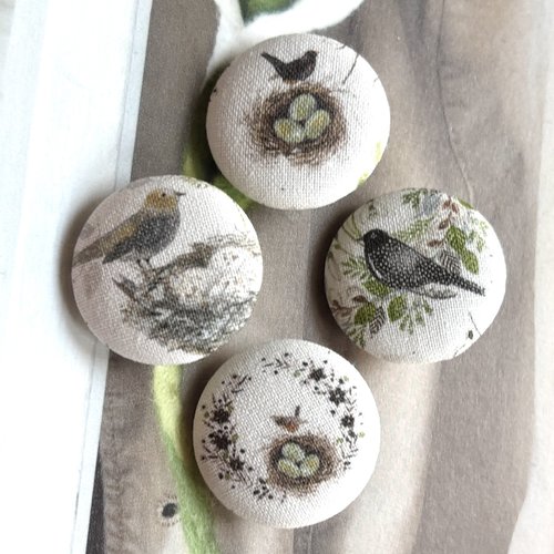 4 bouton en tissu oiseau et nid 3 cm