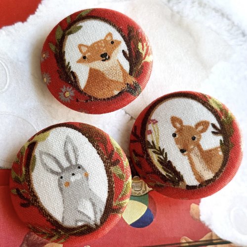 3 gros boutons en tissu renne renard lapin animaux noel 3.8 cm
