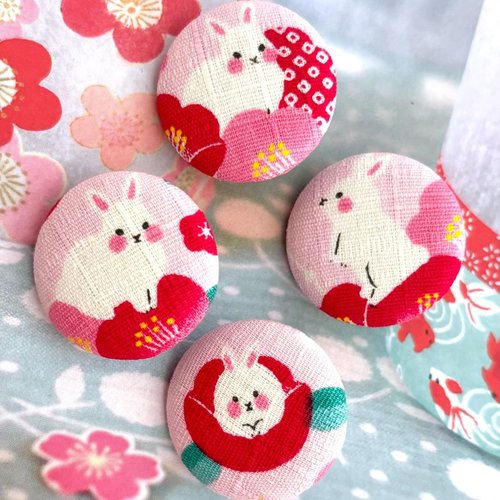 4 boutons recouvert en tissu lapin fleur japonais rose 3 cm