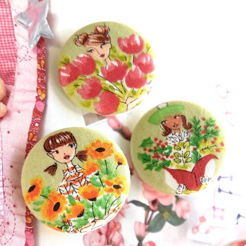 3 boutons recouvert en tissu femme fleur printemp 3.8 cm
