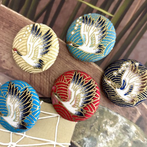 5 gros boutons recouvert en tissu vague oiseau grue japonais bleu rouge 3.2 cm