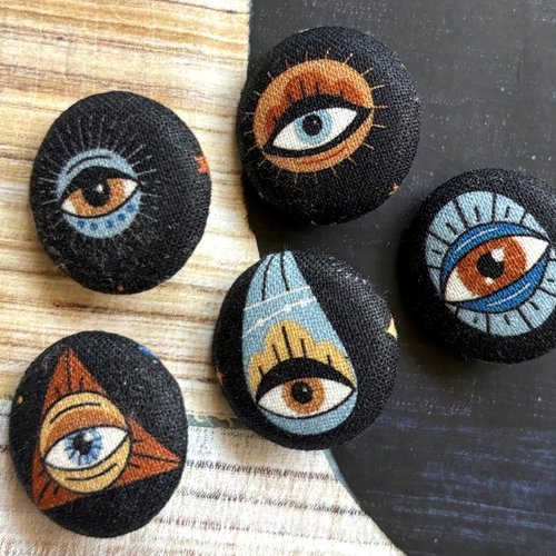 5 boutons recouvert en tissu mauvais œil noir 2.5 cm