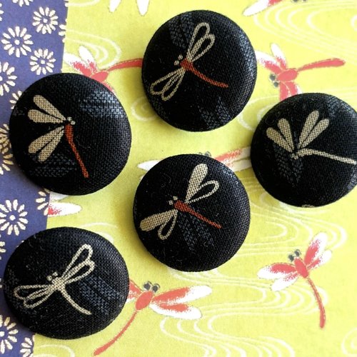 5 boutons recouvert en tissu kawaii libellule japonais bleu marine 2.5 cm