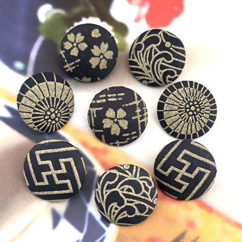 8 boutons recouvert en tissu vague fleur motif traditionnel japonais 1.9 cm bleu