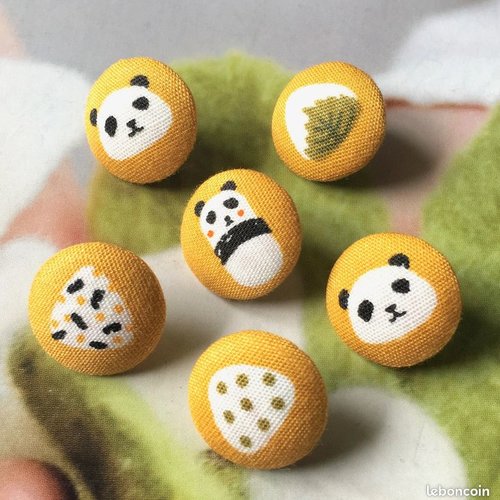 6 boutons recouvert en tissu panda ours sushi japonais 1.9 cm jaune