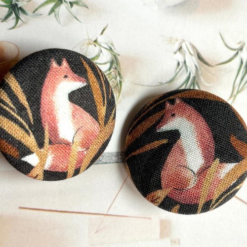 2 gros boutons recouvert en tissu renard nature animaux vert marron 3.2 cm