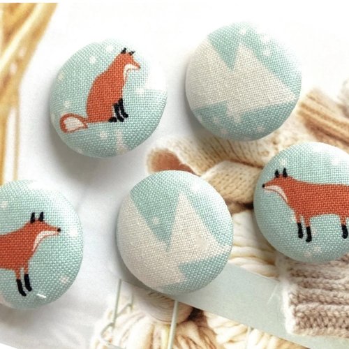 5 boutons recouvert en tissu renard neige montagne bleu clair 2.5 cm
