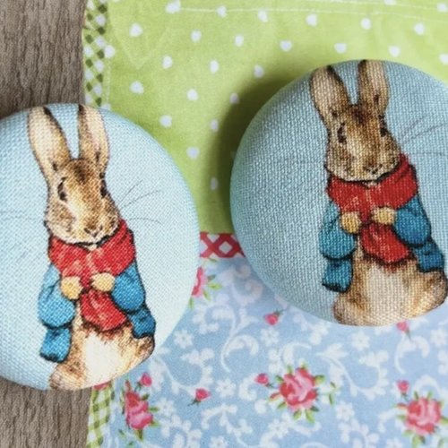 2 gros boutons recouvert en tissu pierre lapin bleu clair rouge 3.8 cm