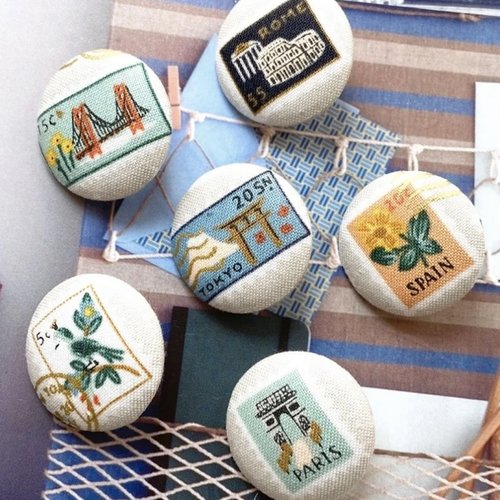 6 gros boutons recouvert en tissu vacance europe ville 3 cm gris