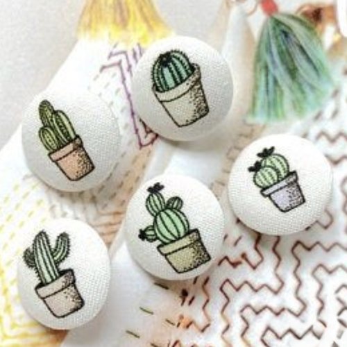 5 boutons recouvert en tissu cactus succulente plant 2 cm vert