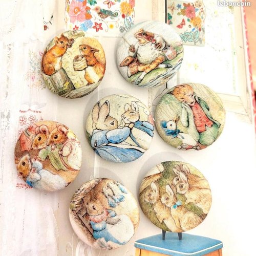 7 gros boutons recouvert en tissu pierre lapin 3.8 cm