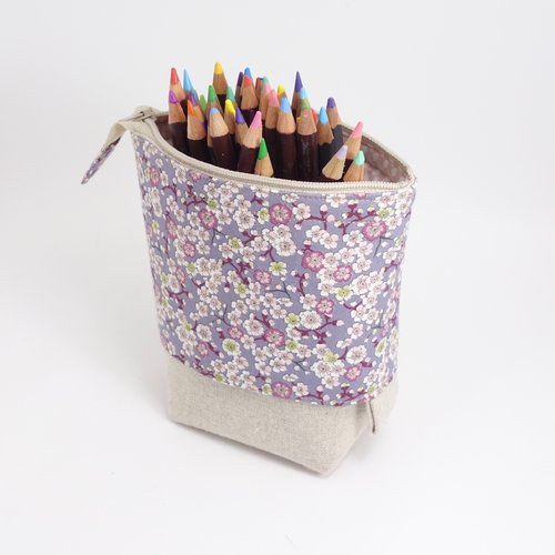 Trousse à crayons astucieuse convertible en pot à crayons, mauve et beige
