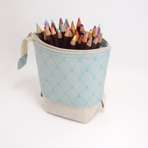 Trousse à crayons verticale, pot à crayons, lin beige et motifs géométriques
