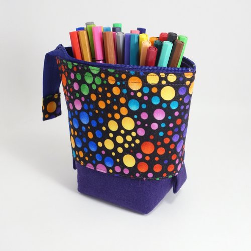 Trousse à crayons transformable, violet et bulles multicolores,pot à crayons nomade