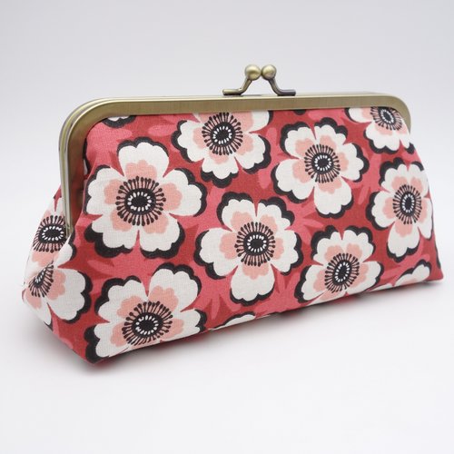Trousse à fermoir rouge à grosses fleurs, pochette de rangement pour maquillage, fournitures artistiques ou outils de couture