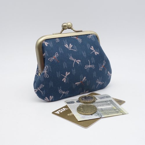 Porte-monnaie à fermoir en métallique double, tissu japonais bleu pétrole, libellules, 2 sections pour cartes bancaires et espèces