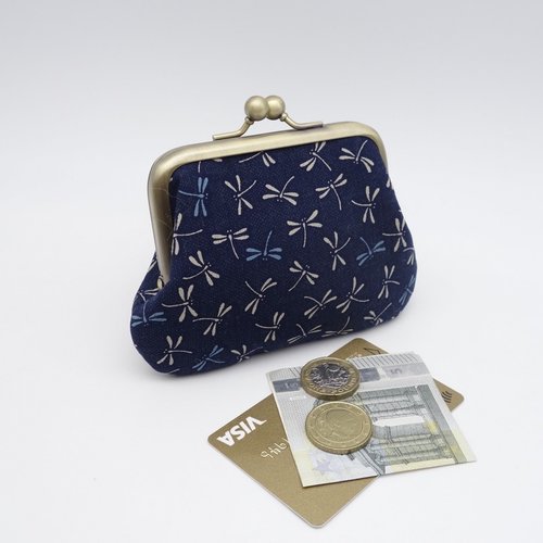 Porte-monnaie à fermoir en métal, tissu japonais, libellules sur fond bleu marine, 2 sections de couleurs contrastées