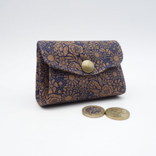 Porte-monnaie à 3 poches en accordéon, tissu bleu et brun, pochette pour cartes et monnaie