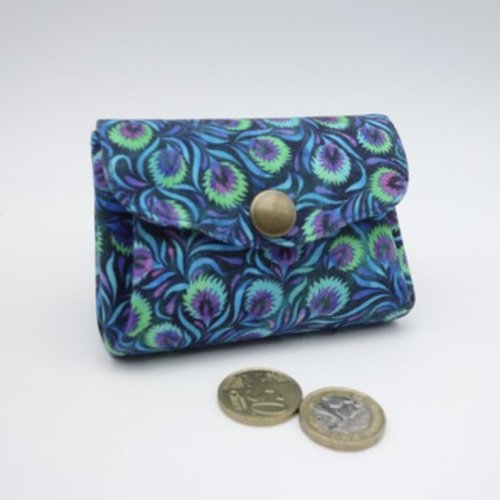 Porte-monnaie en accordéon, plumes de paon, tissub renforcé bleu, violet et vert émeraude, 3 poches pour cartes et monnaie