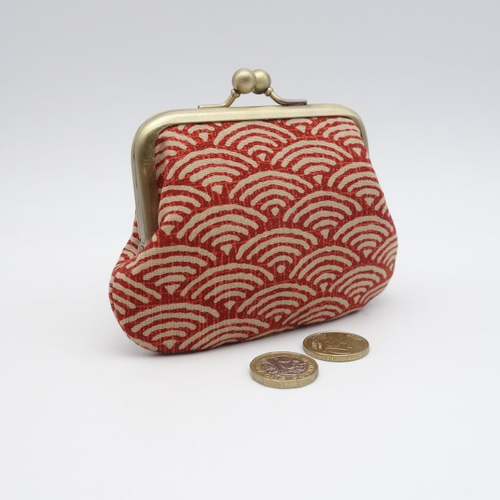 Porte-monnaie à fermoir retro en tissu japonais, motif traditionnel seigaiha orange et beige, 2 sections pour cartes et monnaie,