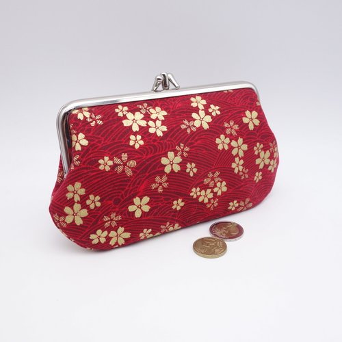 Grand porte-monnaie aux couleurs vives, portefeuille rouge corail et mauve, fermoir retro