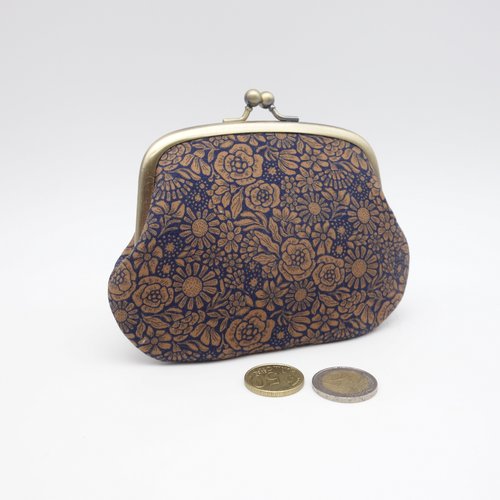 Porte-monnaie à 2 fermoirs gigogne, motif fleuri marron et bleu marine - 3 sections et 1 petite poche pour cartes bancaires ou d'identité
