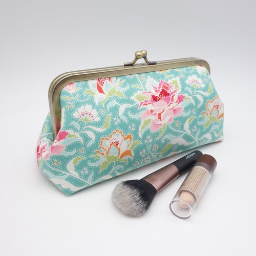 Grande trousse à fermoir retro, tissu tilda de grande qualité vert d'eau et rose, pochette de rangement multi-fonction
