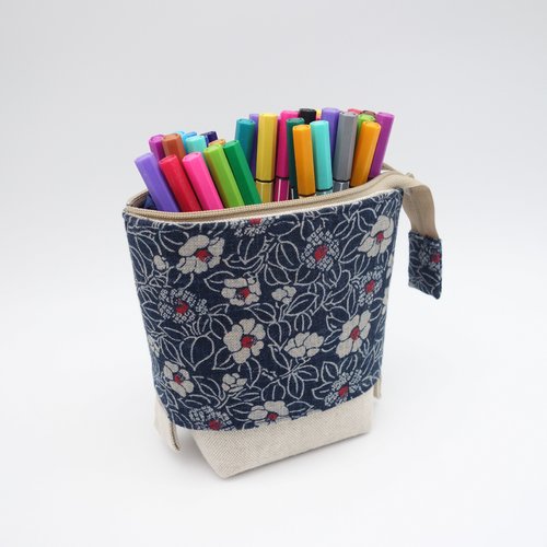 Grande trousse à crayons verticale pop-up, pot à crayons nomade, toile de coton et tissu japonais indigo, beige et rouge