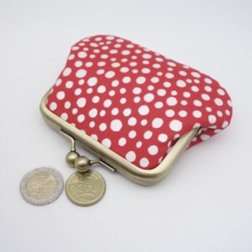 Porte-monnaie à fermoir métallique, pois blanc nacré sur fond rouge, 2 compartiments de couleurs contrastées, pochette pour cartes