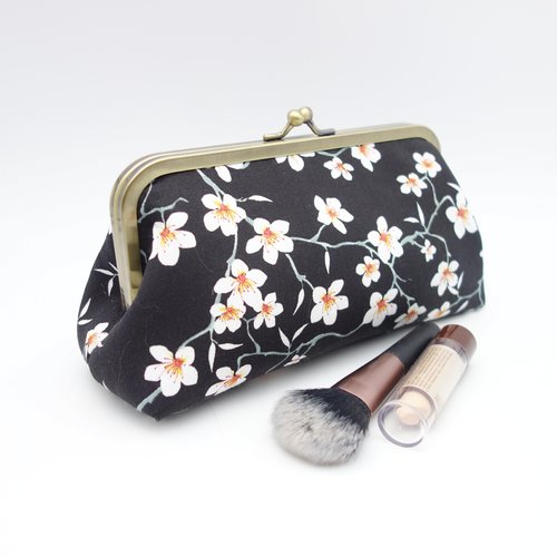 Grande trousse à fermoir métallique rétro, tissu japonais noir, blanc & orange, pochette pour maquillage ou fournitures créatives