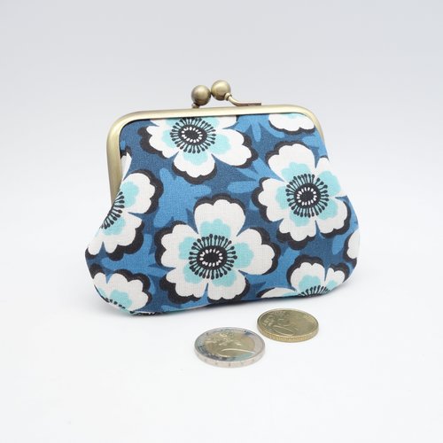 Petit porte-monnaie compact à grosses fleurs bleues pour femme, fermoir métallique double, 2 sections pour cartes et espèces