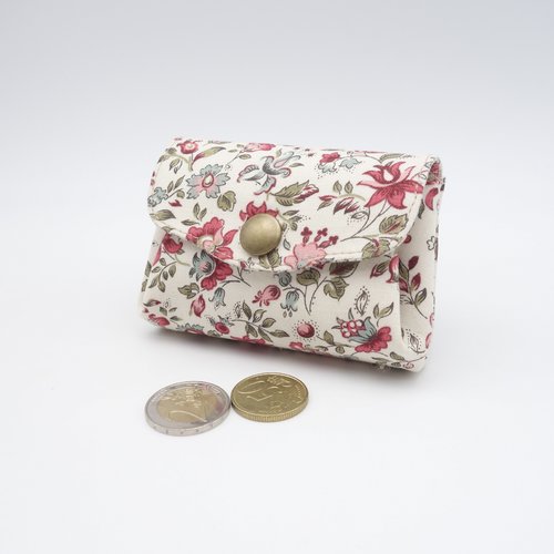 Porte-monnaie en coton imprimé de grande qualité, fleurs des champs sur fond crème, 3 poches en accordéon