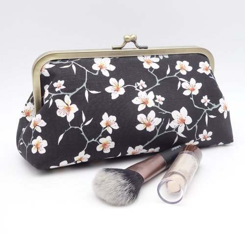 Pochette à fermoir métallique retro, grande trousse vert kaki et orange, rangement pour maquillage ou fournitures créatives,