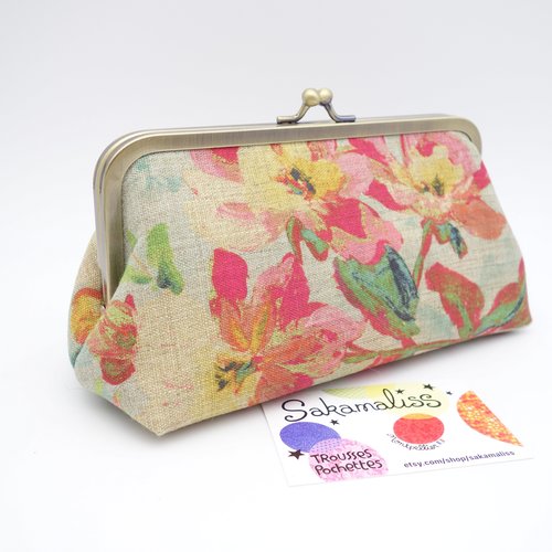 Pochette à fermoir en toile de coton, grands motifs floraux aux couleurs fraîches, grande trousse de rangement pour maquillage