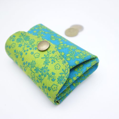 Porte-monnaie bicolore vert anis et bleu, 3 poches en accordéon, tissu renforcé, petit portefeuille pour cartes et monnaie