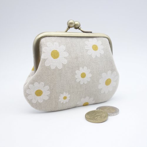 Petit porte-monnaie à fermoir métallique double, marguerites, toile de coton écrue, 2 sections aux couleurs contrastées