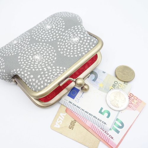 Porte-monnaie à fermoir retro couleur bronze brossé, tissu renforcé gris et rouge corail, 2 sections pour cartes et espèces