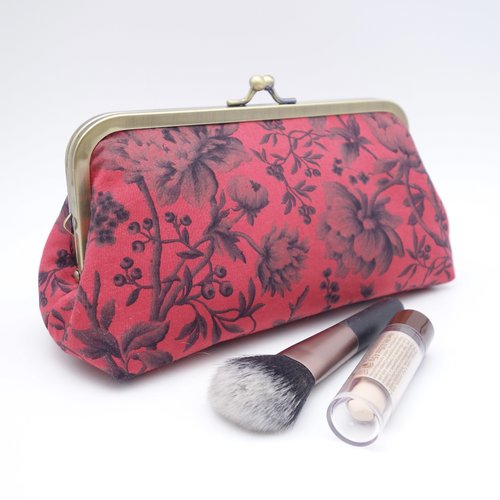 Pochette à fermoir en métal rétro noire et rouge, imprimé ancien, fleurs, trousse pour maquillage ou fournitures créatives
