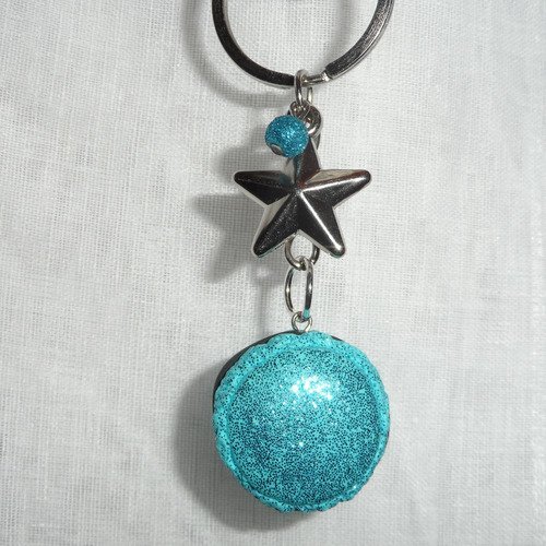 Porte-clés / bijou de sac " macaron de noël pailleté turquoise " avec étoile de noël et petite perle turquoise