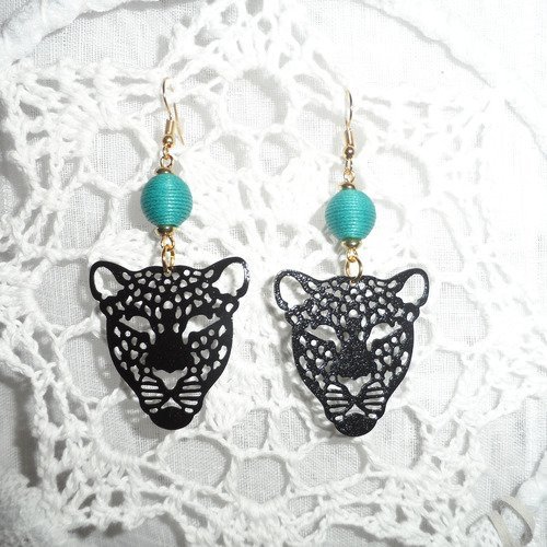 Boucles d'oreilles " têtes de tigres métal filigrane noir " avec perles bleu canard