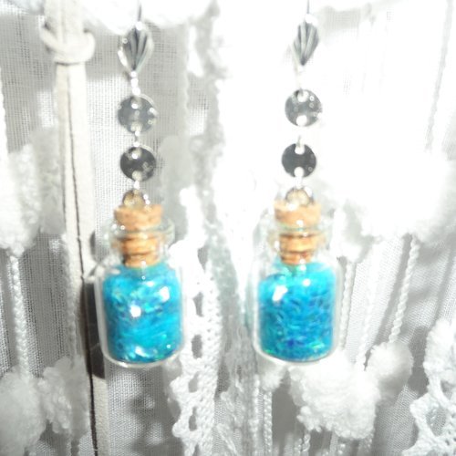 Boucles d'oreilles " fiona " fiole en verre avec paillettes turquoise et sequins ronds argentés
