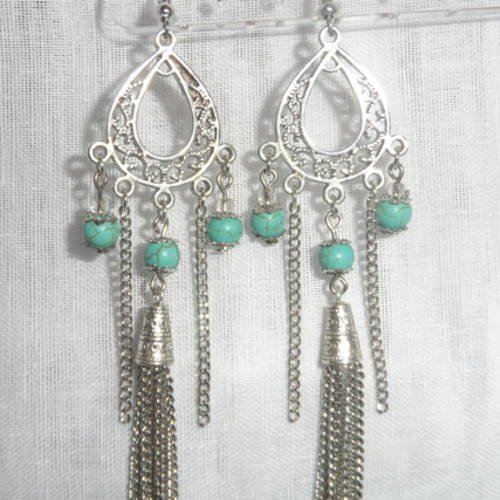 Boucles d'oreilles "swann " métal argenté pierres turquoise et pendants 
